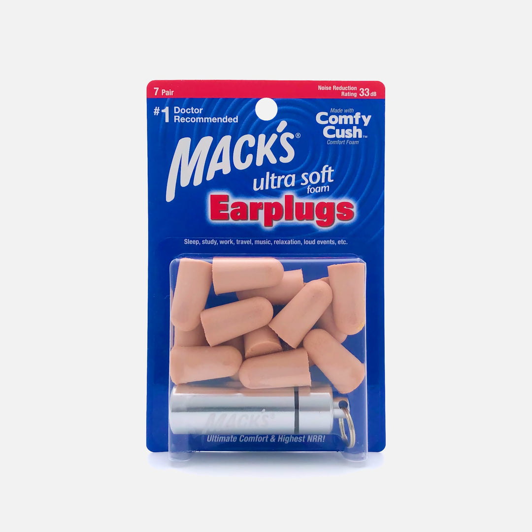 Mack's Ultra Soft Foam Earplugs 7 Pair pack with aluminum travel case for noise reduction and hearing protection