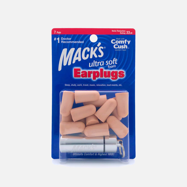 Mack's Ultra Soft Foam Earplugs 7 Pair pack with aluminum travel case for noise reduction and hearing protection