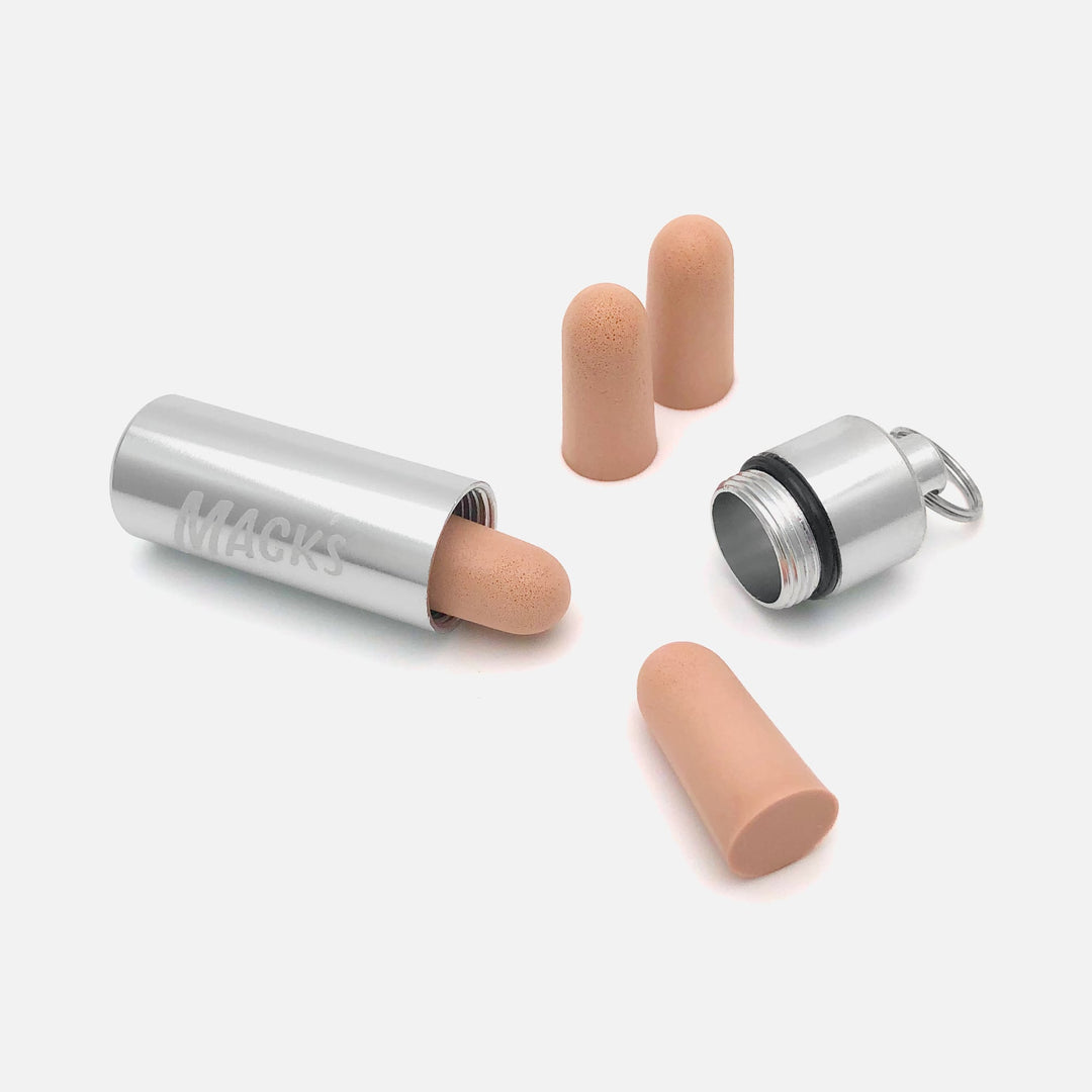Mack's Ultra Soft Foam Earplugs with aluminum travel case for convenient storage and noise protection