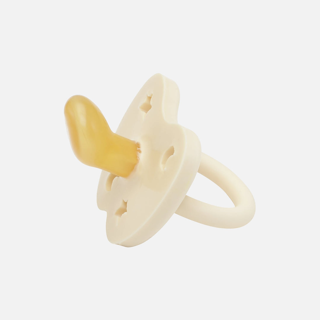 Hevea milky white natural rubber orthodontic pacifier with butterfly shield and shaped ventilation holes