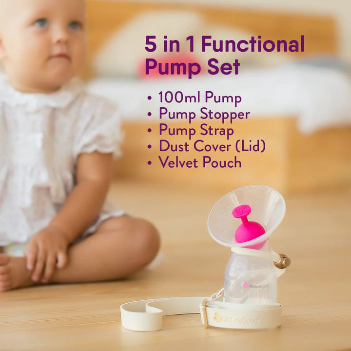 NatureBond All-In-1 Breast Pump Set showing 5-in-1 contents including 100ml silicone pump, stopper, strap, lid, and pouch