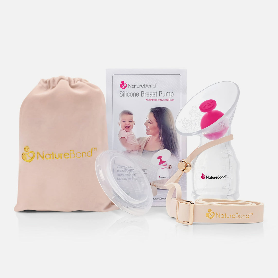 NatureBond All-In-1 silicone breast pump set with stopper, strap, dust cover and pouch, leak-proof manual milk collector