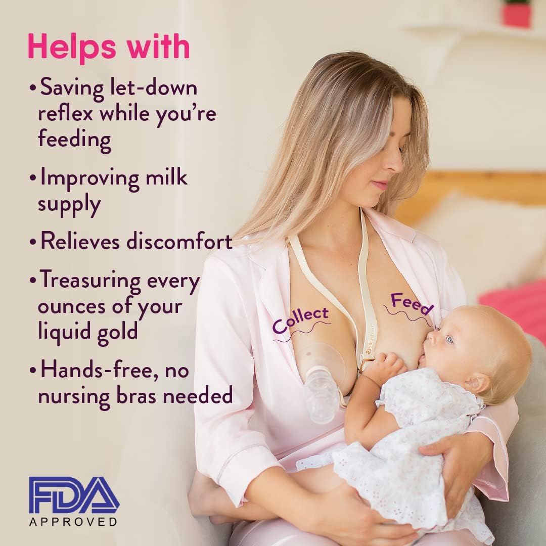 NatureBond All-In-1 Breast Pump Set used hands-free during breastfeeding to collect let-down, improve milk supply, and reduce discomfort
