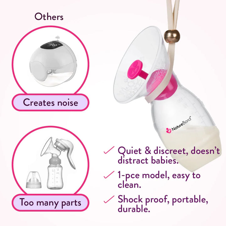 NatureBond All-In-1 Silicone Breast Pump shown as quiet, 1-piece, shock-proof design compared to noisy, multi-part pumps