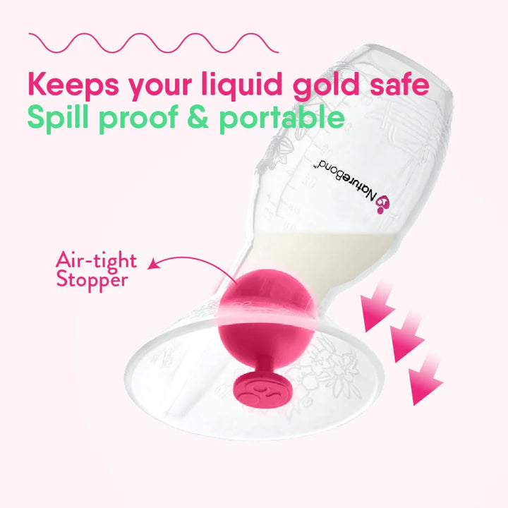 NatureBond All-In-1 silicone breast pump with airtight stopper, spill-proof design to safely collect and store breast milk on the go