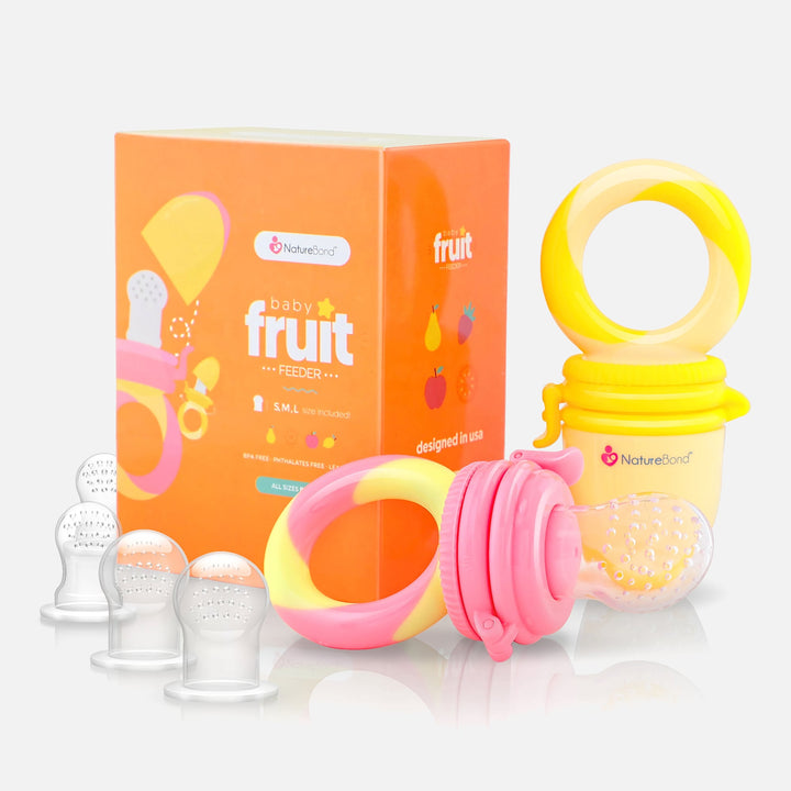 NatureBond baby fruit feeder and teether set in peach pink & lemonade yellow, with silicone teats and snap-lock design