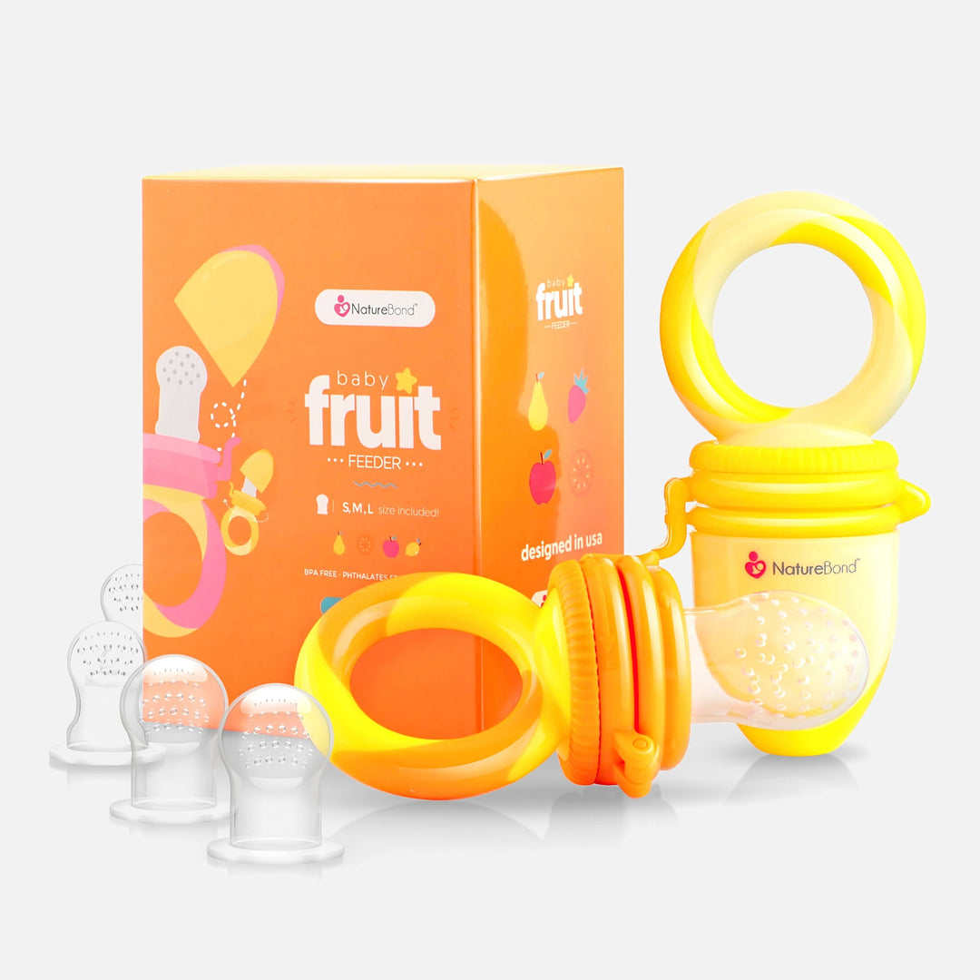 NatureBond baby fruit feeder and teether set in sunshine orange and lemonade yellow, with silicone teats and snap-lock design