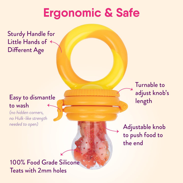 NatureBond baby fruit feeder and teether showing ergonomic handle, adjustable knob, snap-lock design, and food-grade silicone teat