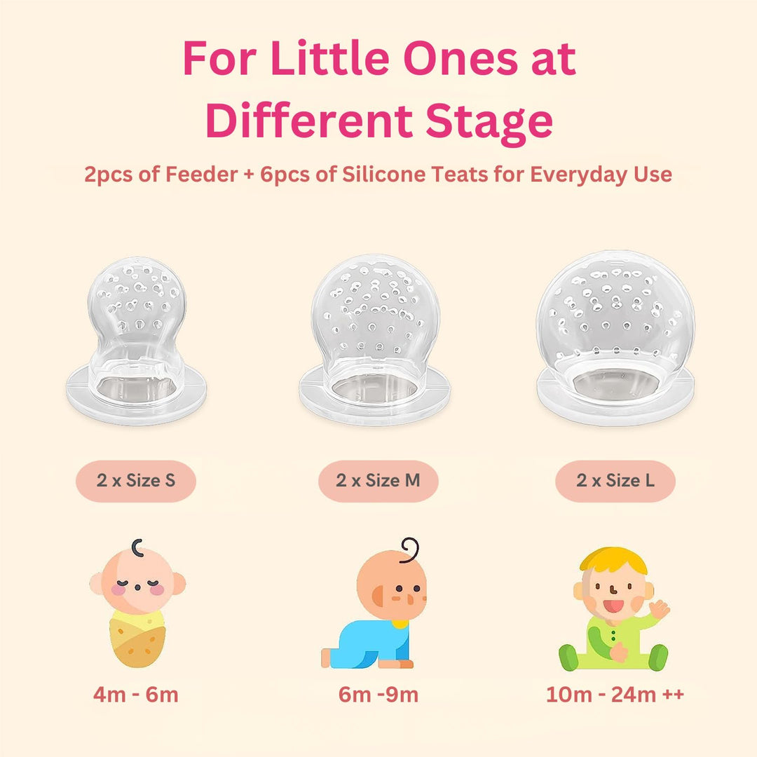 NatureBond baby fruit feeder and teether with 6 silicone teats in S, M, L sizes, suitable for babies from 4 to 24 months