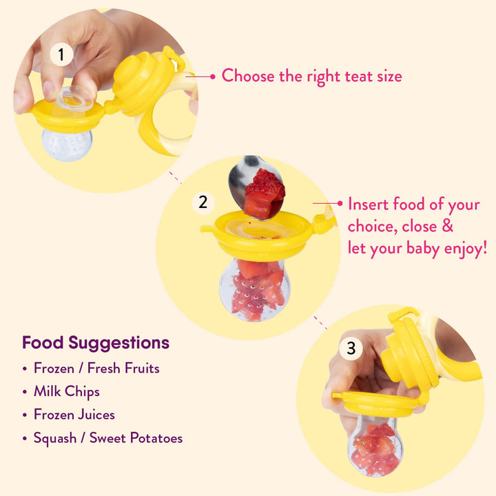 NatureBond baby fruit feeder and teether showing how to choose teat size, insert fresh or frozen food, and close securely for use