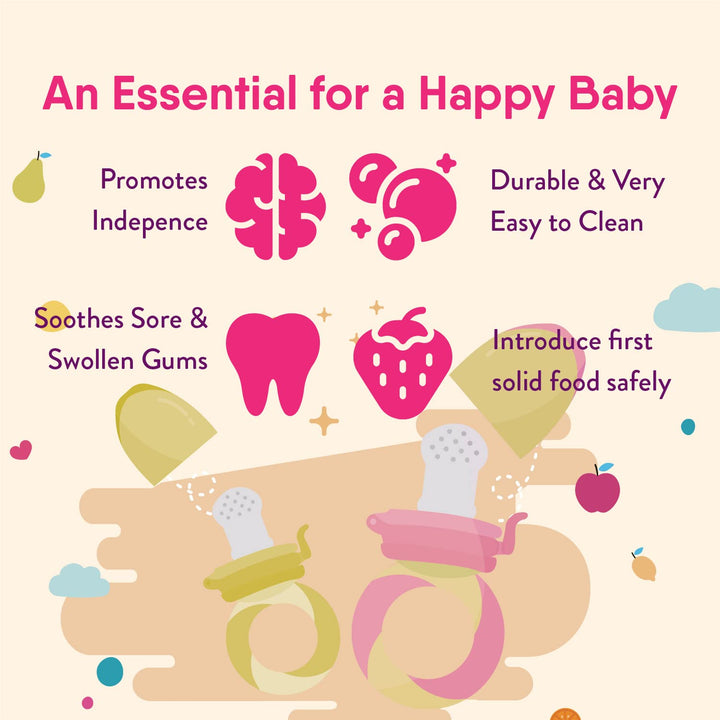 NatureBond baby fruit feeder and teether highlighting benefits such as teething relief, easy cleaning, independence, and safe solid feeding