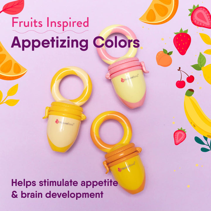 NatureBond baby fruit feeder and teether in fruit-inspired colors, designed to attract babies and encourage appetite during feeding
