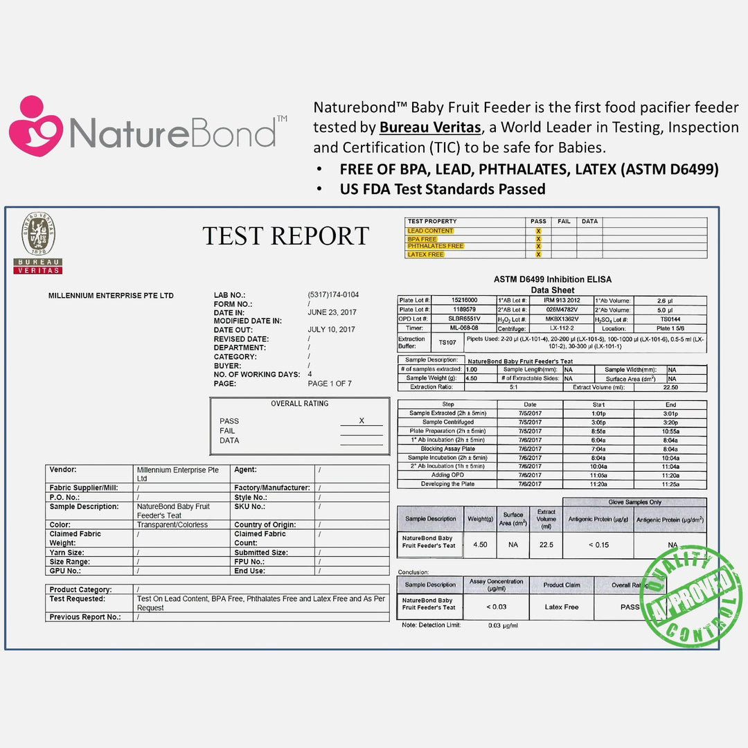 NatureBond baby fruit feeder and teether safety test report by Bureau Veritas showing BPA-free, lead-free, latex-free certification