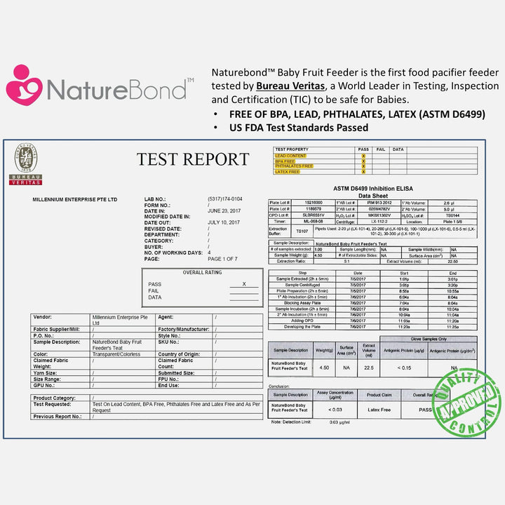 NatureBond baby fruit feeder and teether safety test report by Bureau Veritas showing BPA-free, lead-free, latex-free certification
