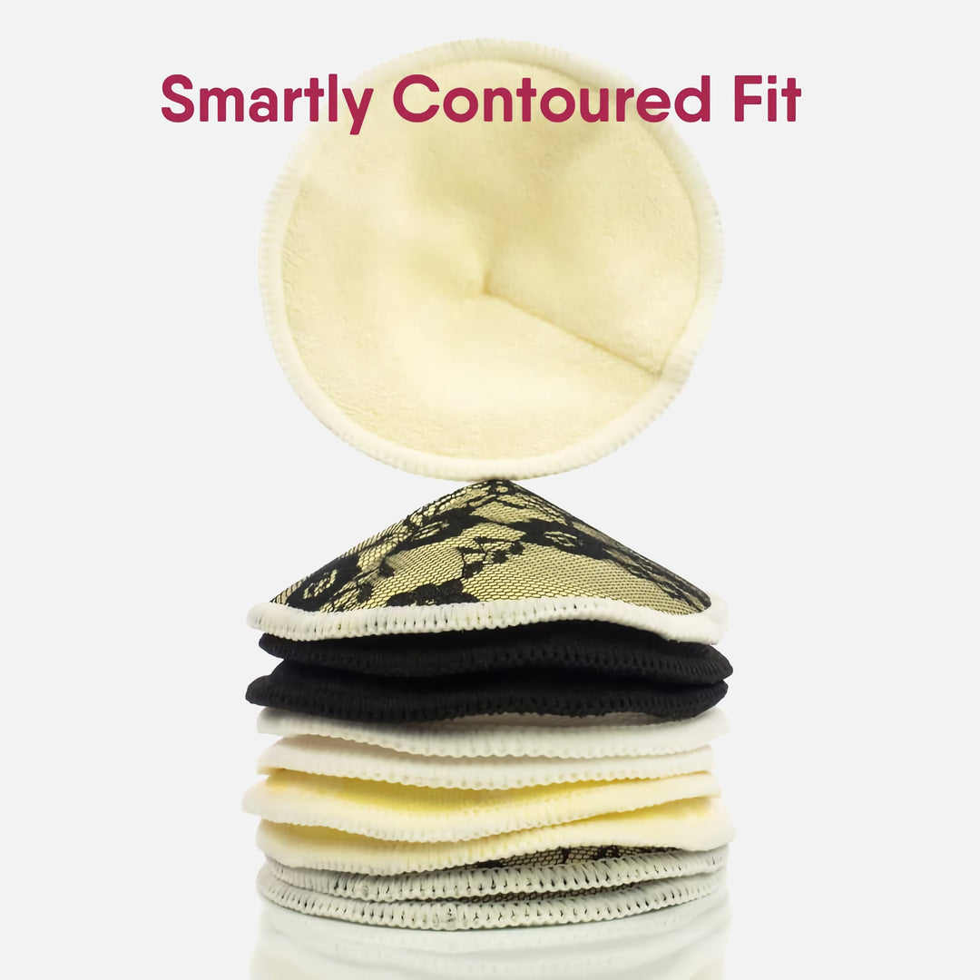 NatureBond reusable bamboo cotton nursing pads with 3D contoured fit and elegant lace design, stacked display