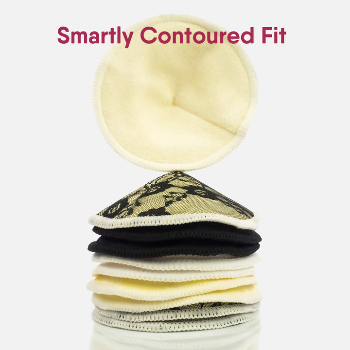 NatureBond reusable bamboo cotton nursing pads with 3D contoured fit and elegant lace design, stacked display