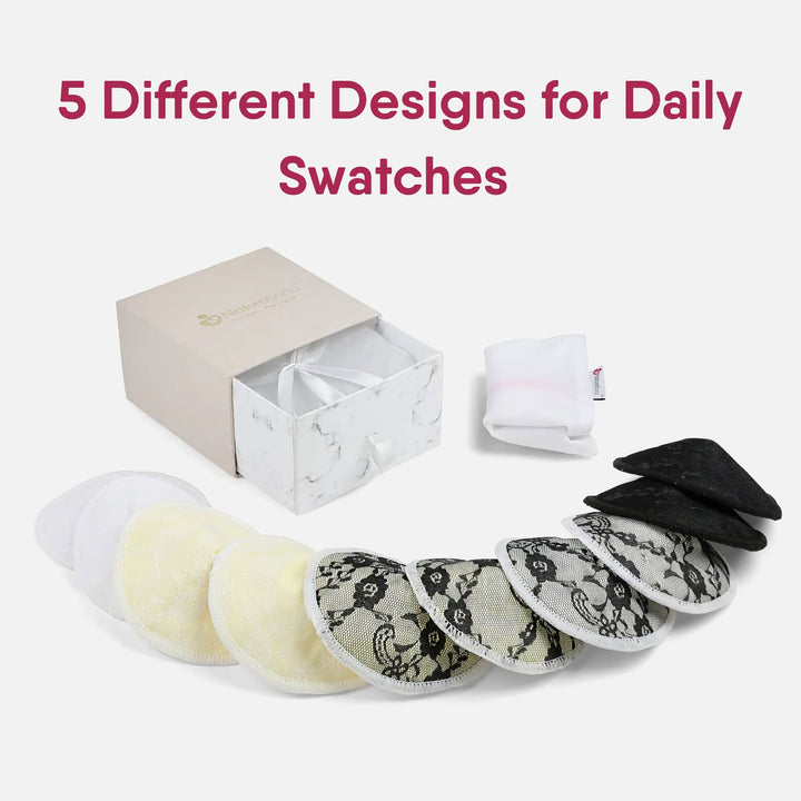 NatureBond reusable bamboo cotton nursing pads set with 5 lace designs, gift box and laundry bag included