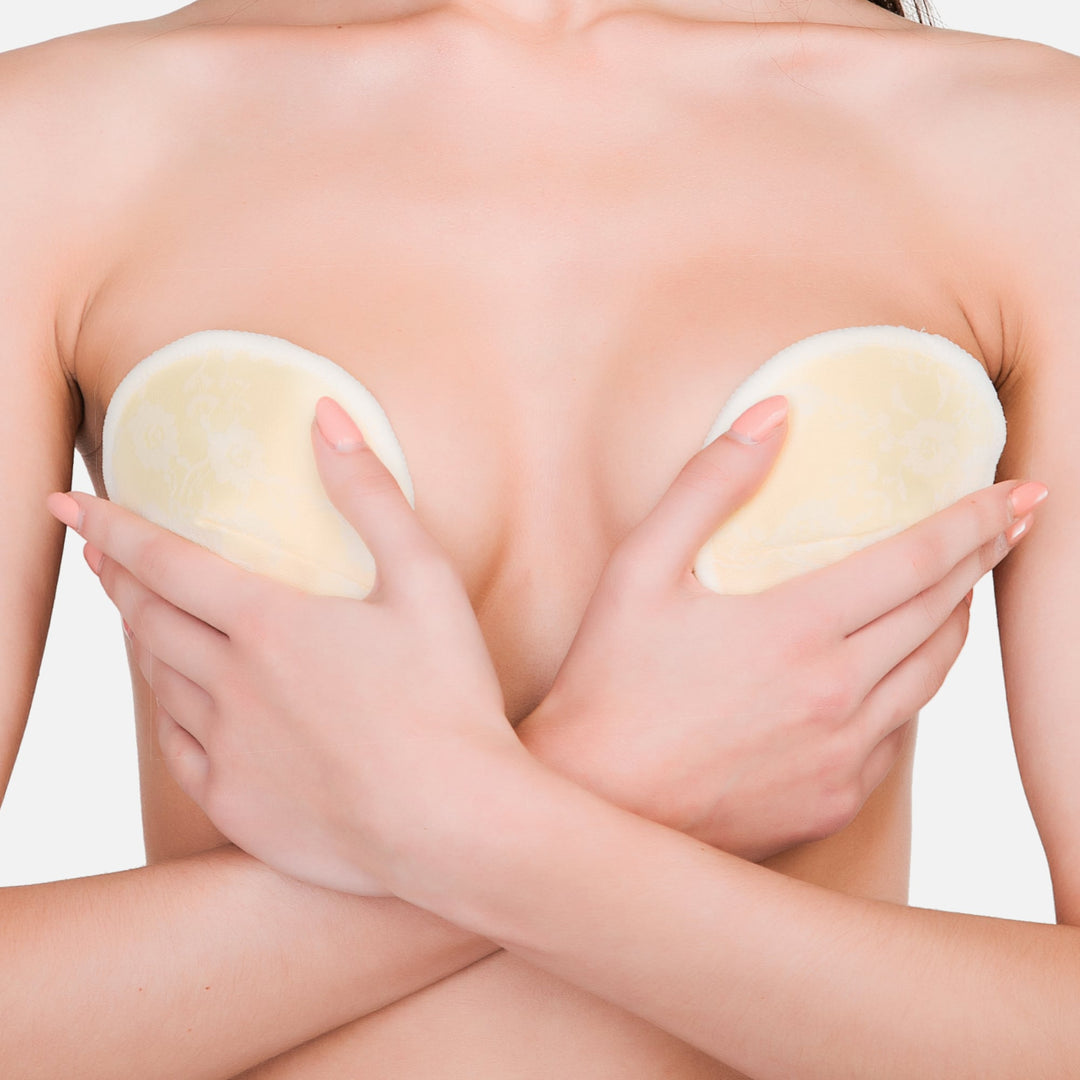 NatureBond Elegance reusable laced bamboo cotton nursing pads worn on skin with 3D contoured fit