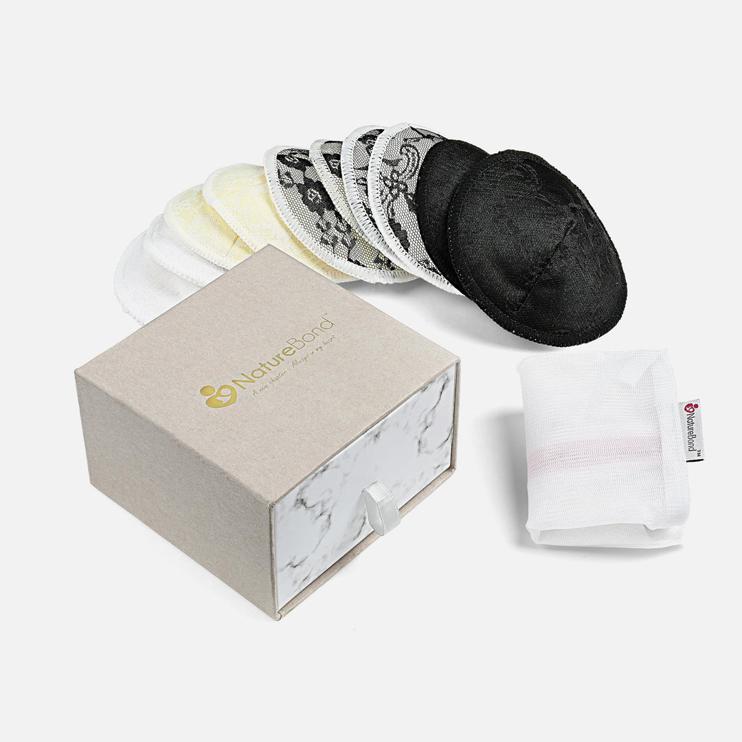 NatureBond reusable laced bamboo cotton nursing pads set with 3D contour design, gift box and laundry bag included
