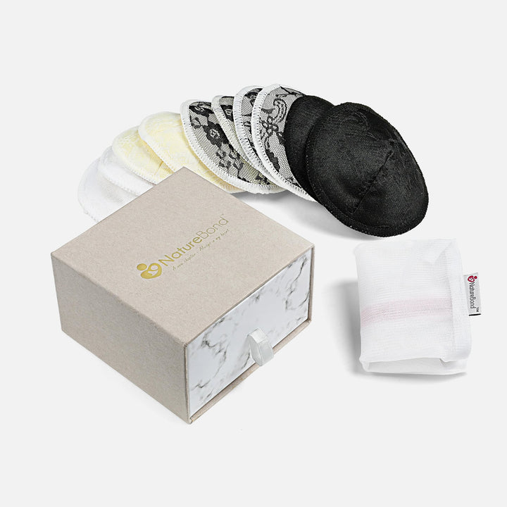 NatureBond reusable laced bamboo cotton nursing pads set with 3D contour design, gift box and laundry bag included