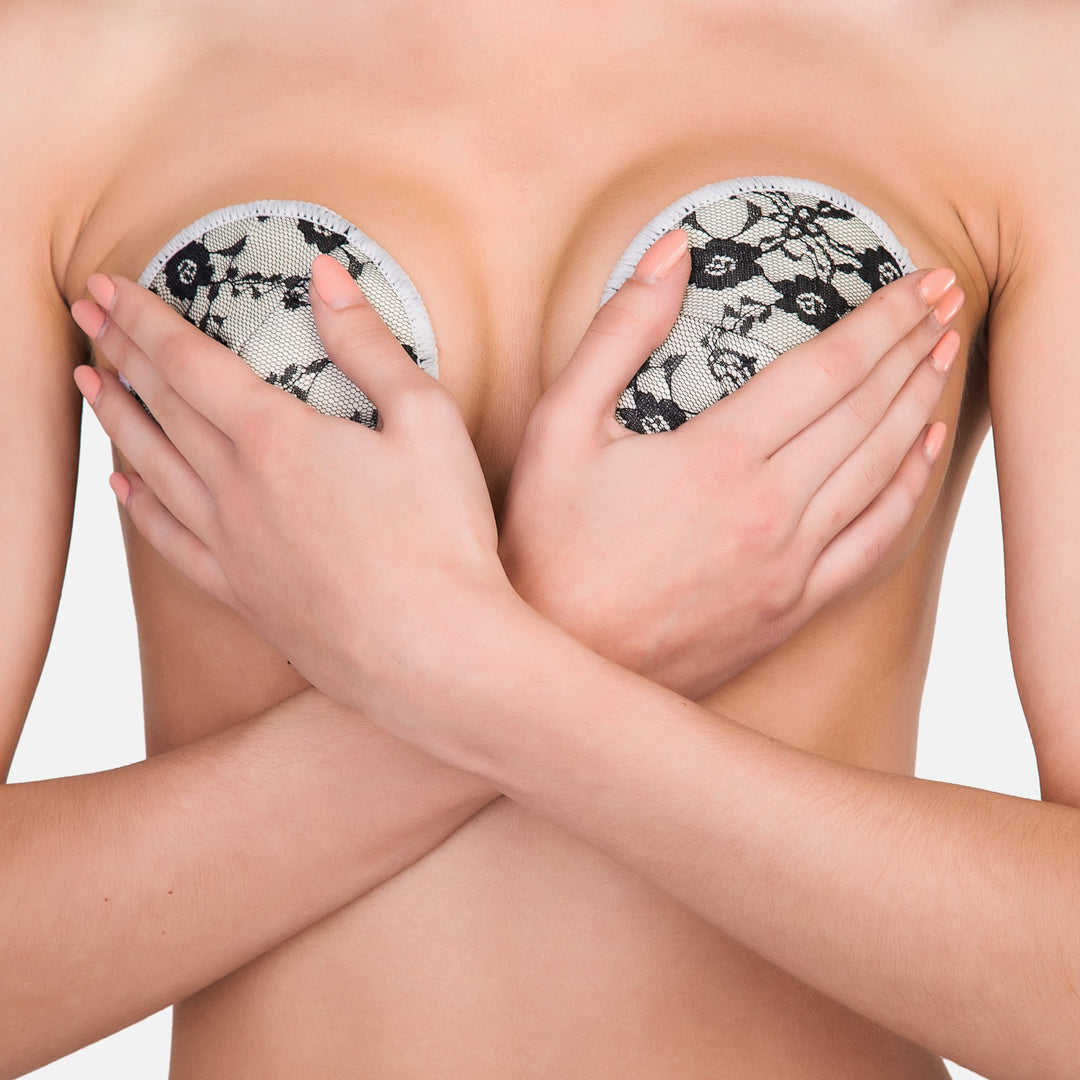 NatureBond Victoria reusable laced bamboo cotton nursing pads worn on skin with 3D contoured fit