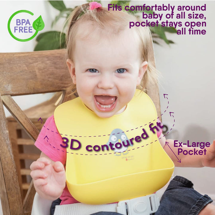 Baby wearing NatureBond yellow silicone bib with 3D contoured fit, extra-large pocket, BPA-free material, comfortable feeding design