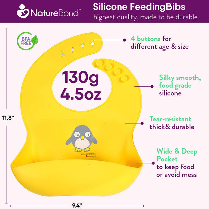 NatureBond yellow silicone baby bib with wide deep pocket, 4-button adjustable neck, BPA-free food grade material, durable design