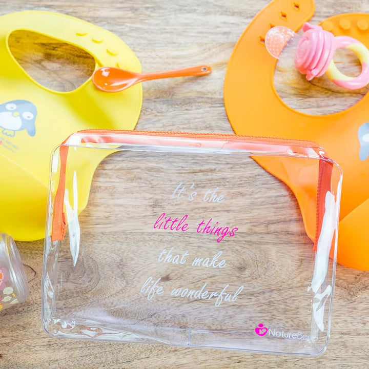 NatureBond silicone baby bibs in yellow and orange with clear waterproof pouch, travel-friendly feeding set for babies and toddlers