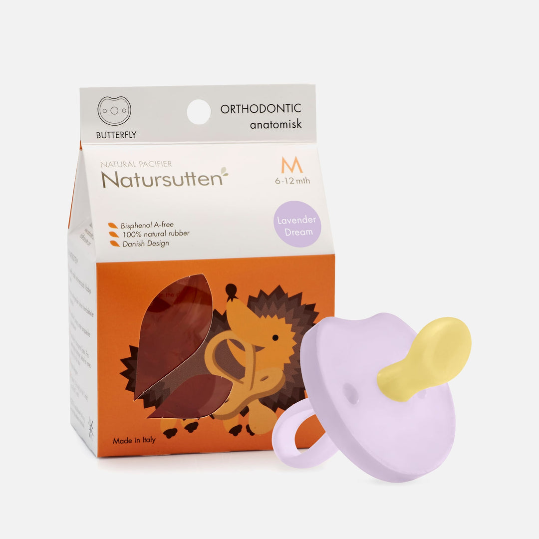 Natursutten Natural Rubber Butterfly Orthodontic Pacifier in Lavender Dreams with eco-friendly packaging and Danish design.