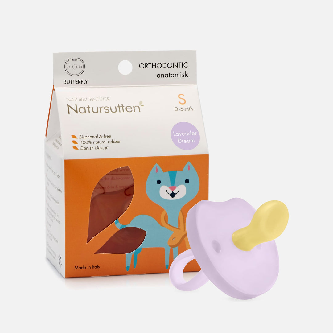 Natursutten Natural Rubber Butterfly Orthodontic Pacifier in Lavender Dreams with eco-friendly packaging and Danish design.