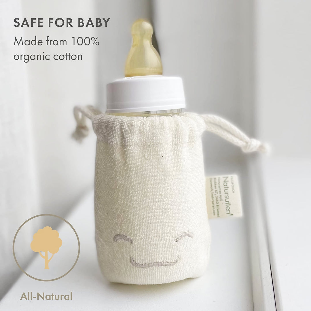 Natursutten PaciPouch organic cotton pouch used as baby bottle cover, all-natural and safe for baby care