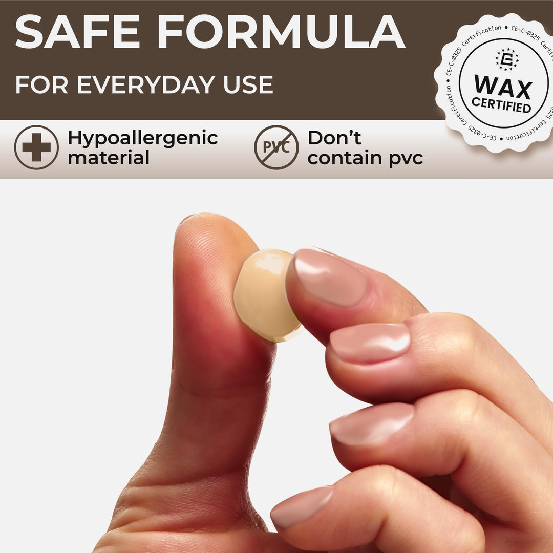 PQ Wax Ear Plugs beige moldable earplug held between fingers, showing its soft rounded shape
