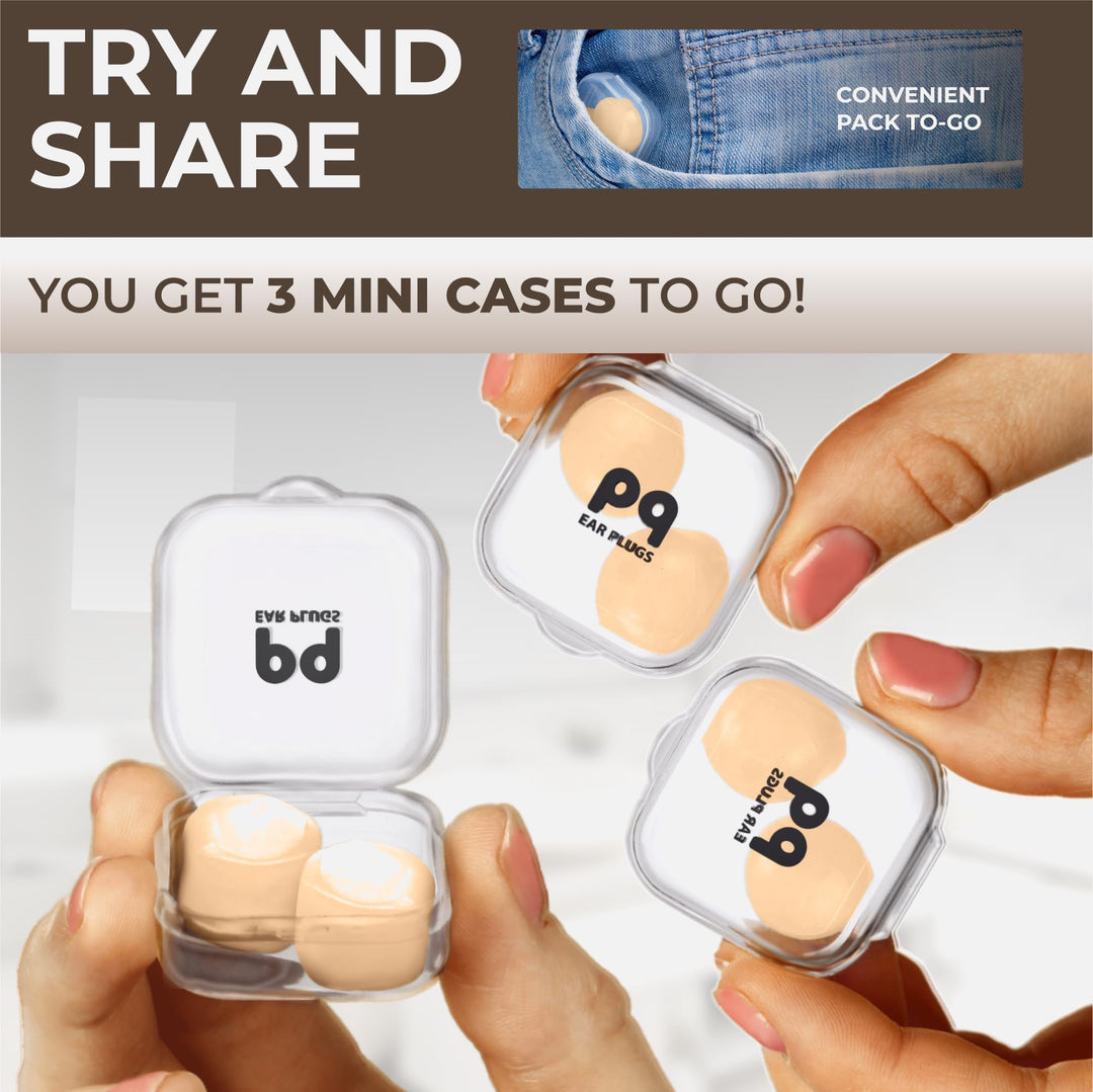 PQ ear plugs in three clear mini cases, with two beige plugs stored in each case