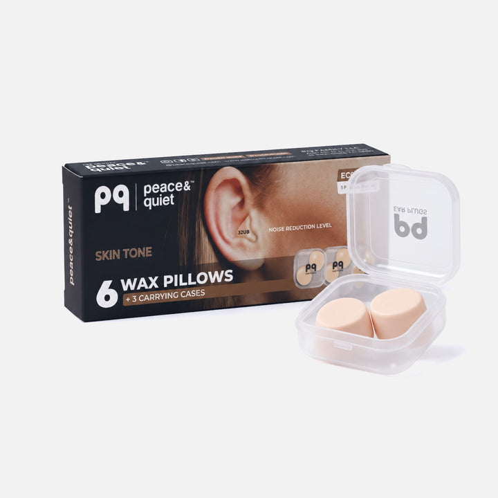 PQ Wax Ear Plugs beige variant with retail box, open mini case, and two moldable wax earplugs