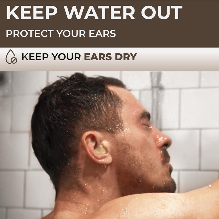 PQ Wax Ear Plugs beige earplug worn while showering, showing the moldable fit in the outer ear
