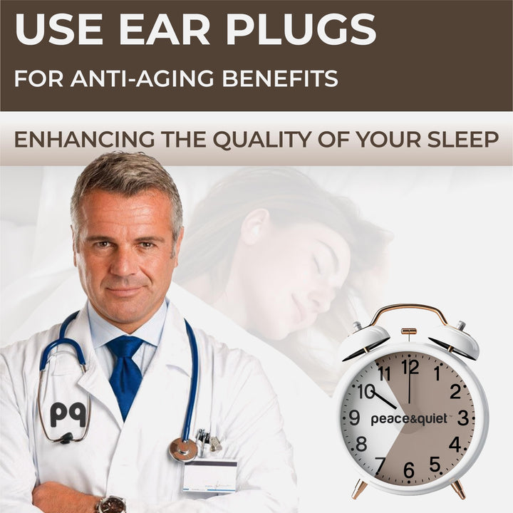 PQ Wax Ear Plugs beige earplug shown in a sleep lifestyle graphic with a sleeping woman and alarm clock