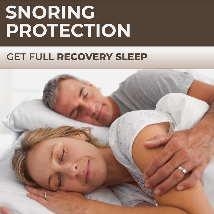 PQ Wax Ear Plugs biege earplug worn while sleeping beside a partner, showing a low-profile in-ear fit