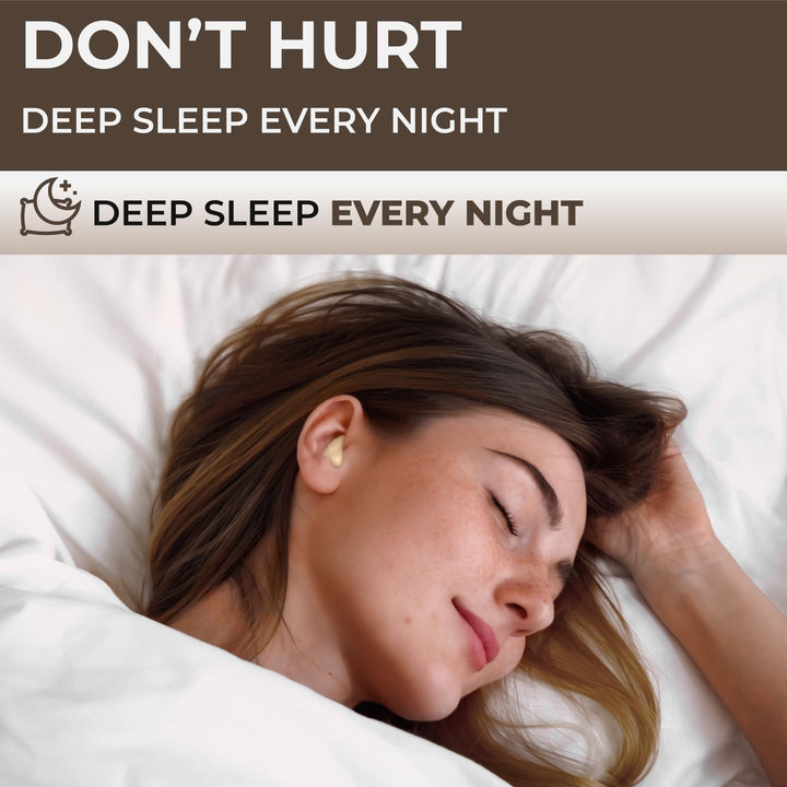 PQ Wax Ear Plugs beige earplug worn while sleeping, showing the moldable low-profile fit in the outer ear