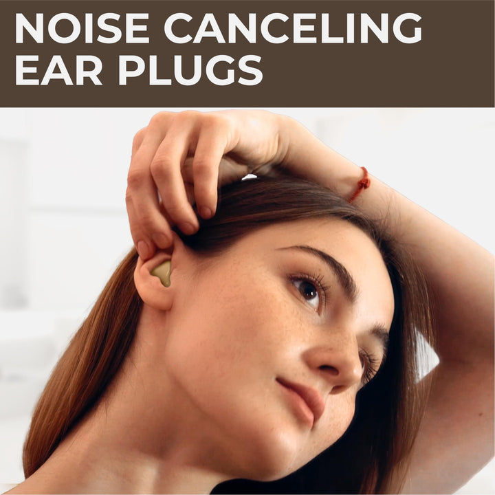 PQ Wax Ear Plugs beige earplug worn in the ear, showing the moldable low-profile fit