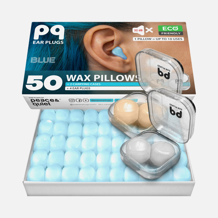 PQ Wax Ear Plugs Blue – 50 wax pillows with 2 carrying cases for noise reduction, sleep, and ear protection.