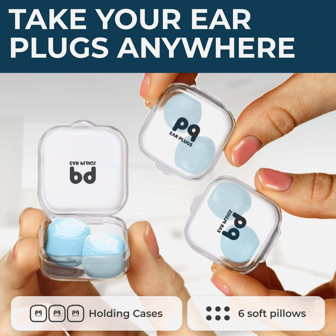 PQ Wax Ear Plugs blue 6-pack shown with three clear mini carrying cases for storage and travel