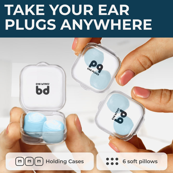 PQ Wax Ear Plugs blue 6-pack shown with three clear mini carrying cases for storage and travel