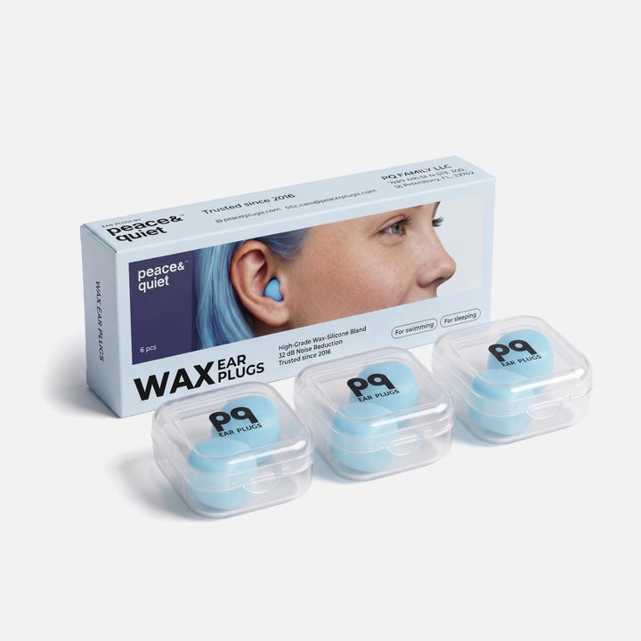 PQ Wax Ear Plugs blue variant with retail box and three clear mini cases holding six blue earplugs