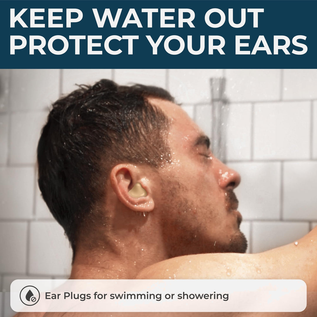 PQ Wax Ear Plugs worn over the outer ear while showering, showing the moldable fit during water use