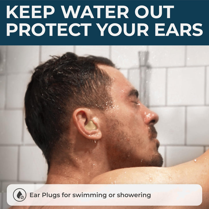 PQ Wax Ear Plugs worn over the outer ear while showering, showing the moldable fit during water use