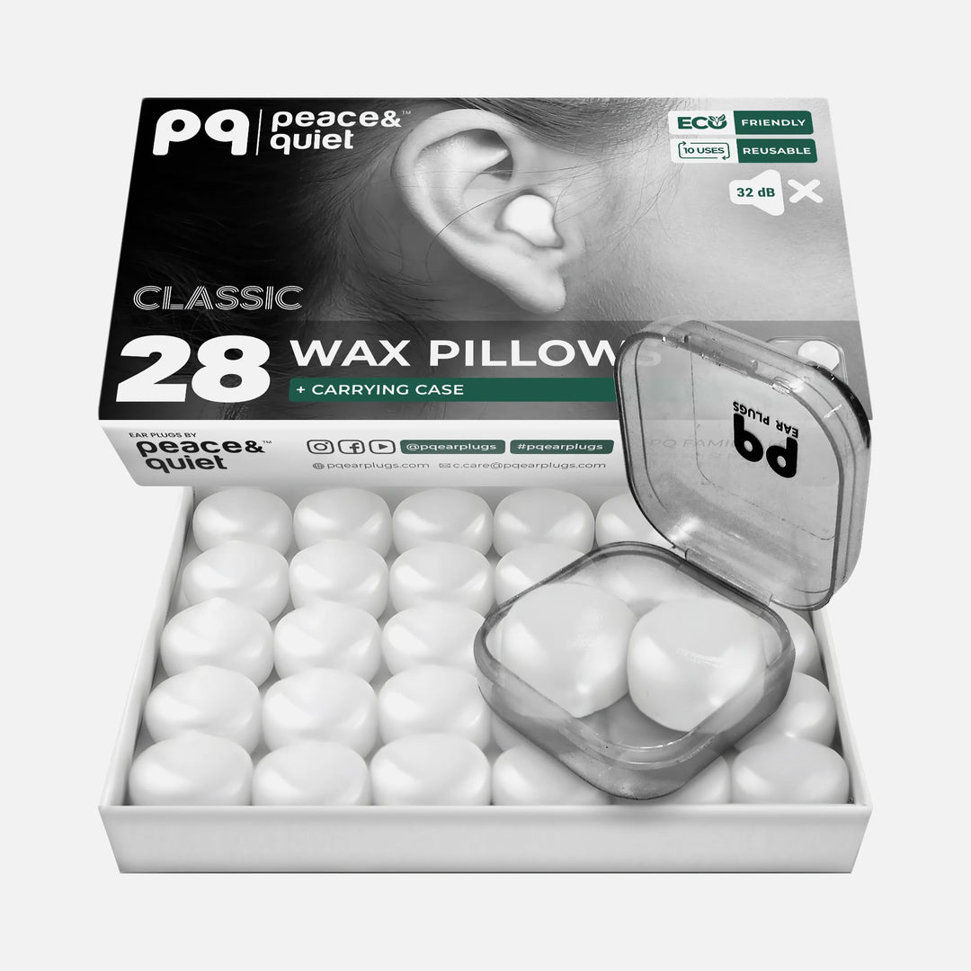 PQ Wax Ear Plugs Classic with 28 wax pillows and clear carrying case, reusable moldable earplugs for noise reduction.