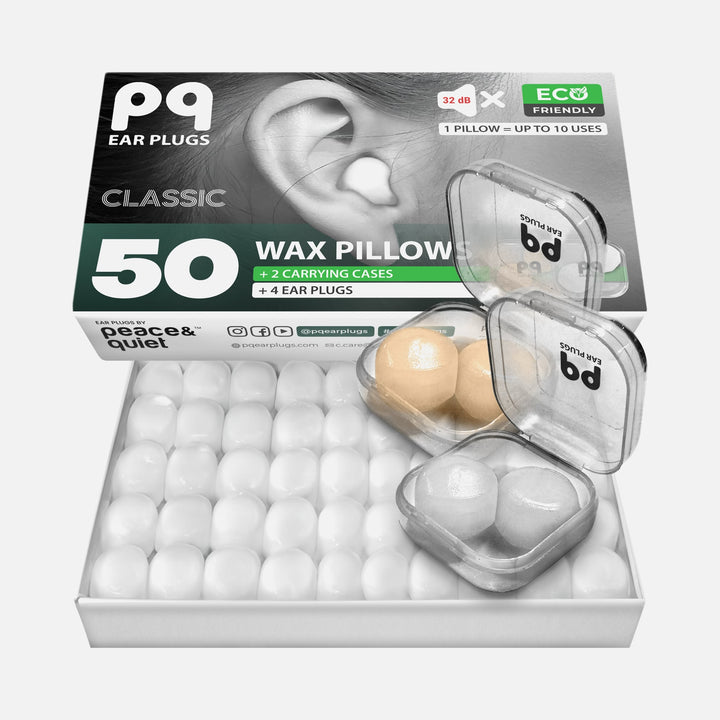 PQ Wax Ear Plugs Classic – 50 wax pillows with 2 carrying cases for noise reduction, sleep, and ear protection.