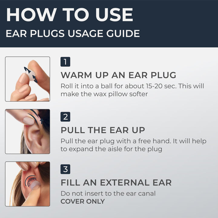 PQ Wax Ear Plugs usage guide showing how to warm, position, and seal wax earplugs over the outer ear correctly