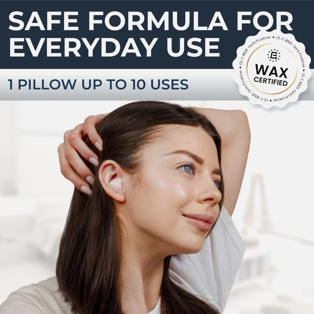 PQ Wax Ear Plugs worn daily with certified wax formula, reusable earplugs offering gentle seal and long-lasting comfort