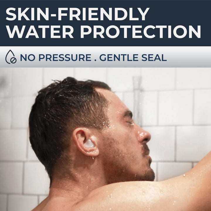 PQ Wax Ear Plugs worn in the shower to provide skin-friendly water protection with a gentle, pressure-free seal